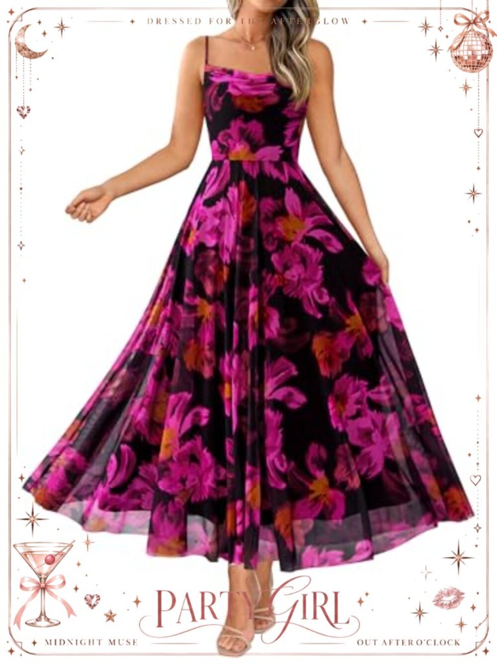 Women's Floral Mesh Maxi Dress Cowl Neck Sleeveless Wedding Guest
